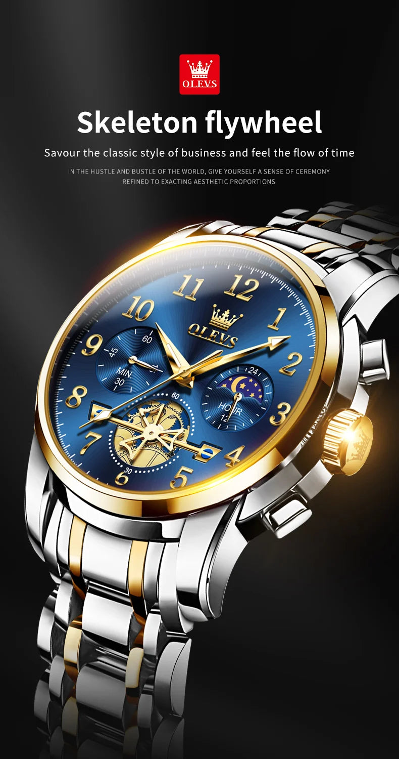 OLEVS 2900 Mens Watch Original Stainless Steel Watches For Men Calendar Moon Phase Quartz Watch Chronograph Freebie Reloj