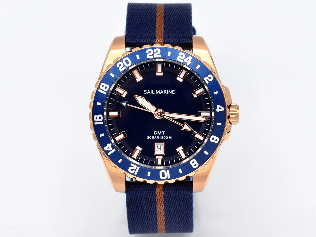 Top Quality Rose Gold Men's Luminous Casual Watch Fabric Strap GMT Quartz Wristwatch Stainless Steel Case 20 Bar Deep Waterproof
