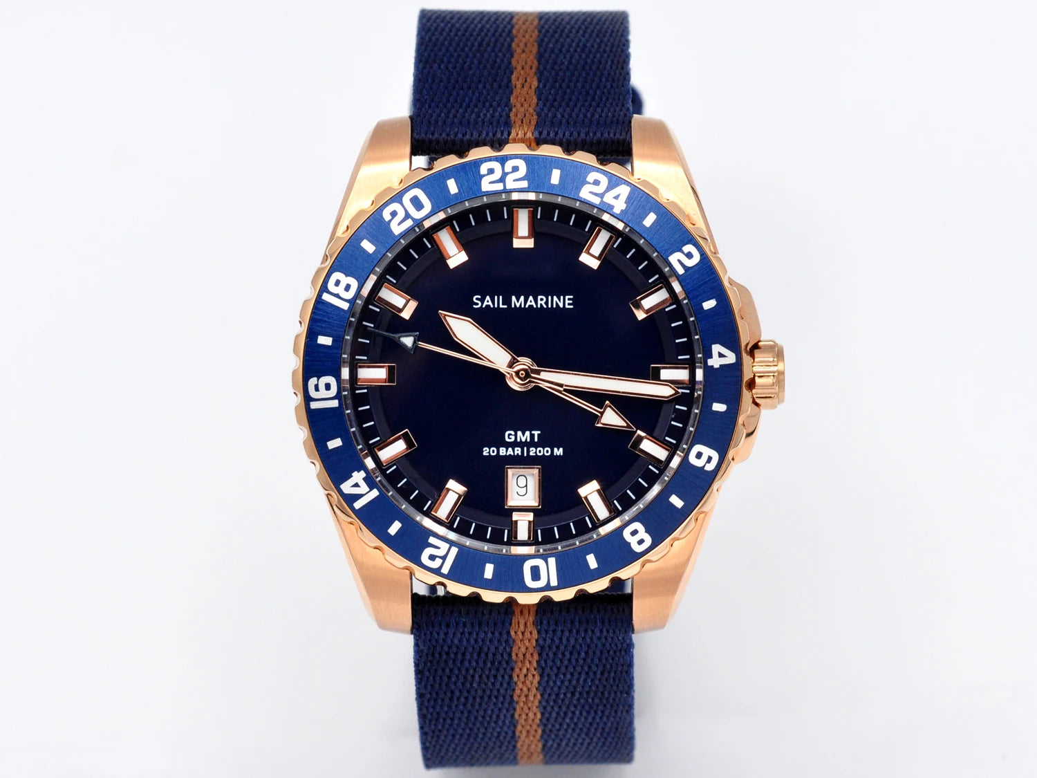 Top Quality Rose Gold Men's Luminous Casual Watch Fabric Strap GMT Quartz Wristwatch Stainless Steel Case 20 Bar Deep Waterproof