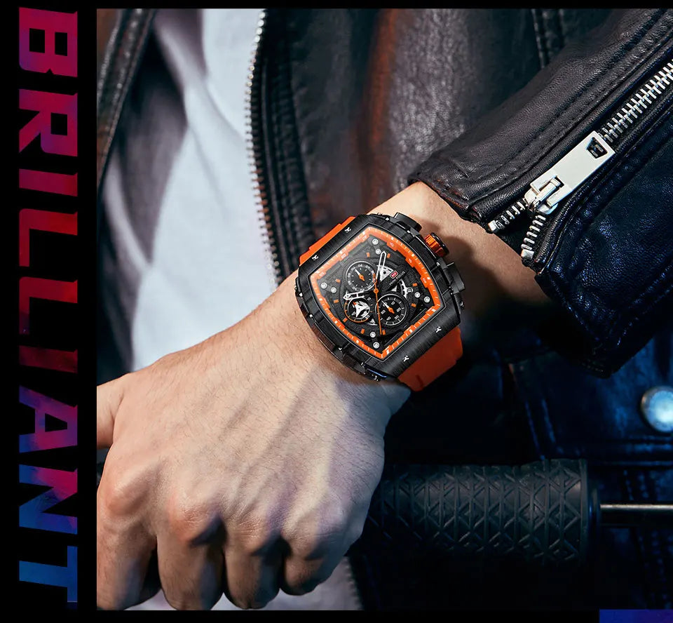 MINI FOCUS Chronograph Quartz Watches for Men Military Sport Silicone Strap Waterproof Wristwatch with Tonneau Dial Auto Date