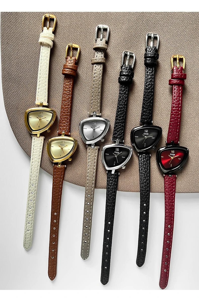 GEDI Vintage Watch Leather Light Luxury Simple Unique Irregular Dial Ladies Watches Elegant Quartz Waterproof Women's Wristwatch