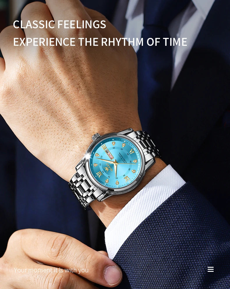 OLEVS 5513 Exclusive Original Quartz Watch for Men Diamond Roman Scale Waterproof Wristwatch Dual Calendar Stainless Steel Watch