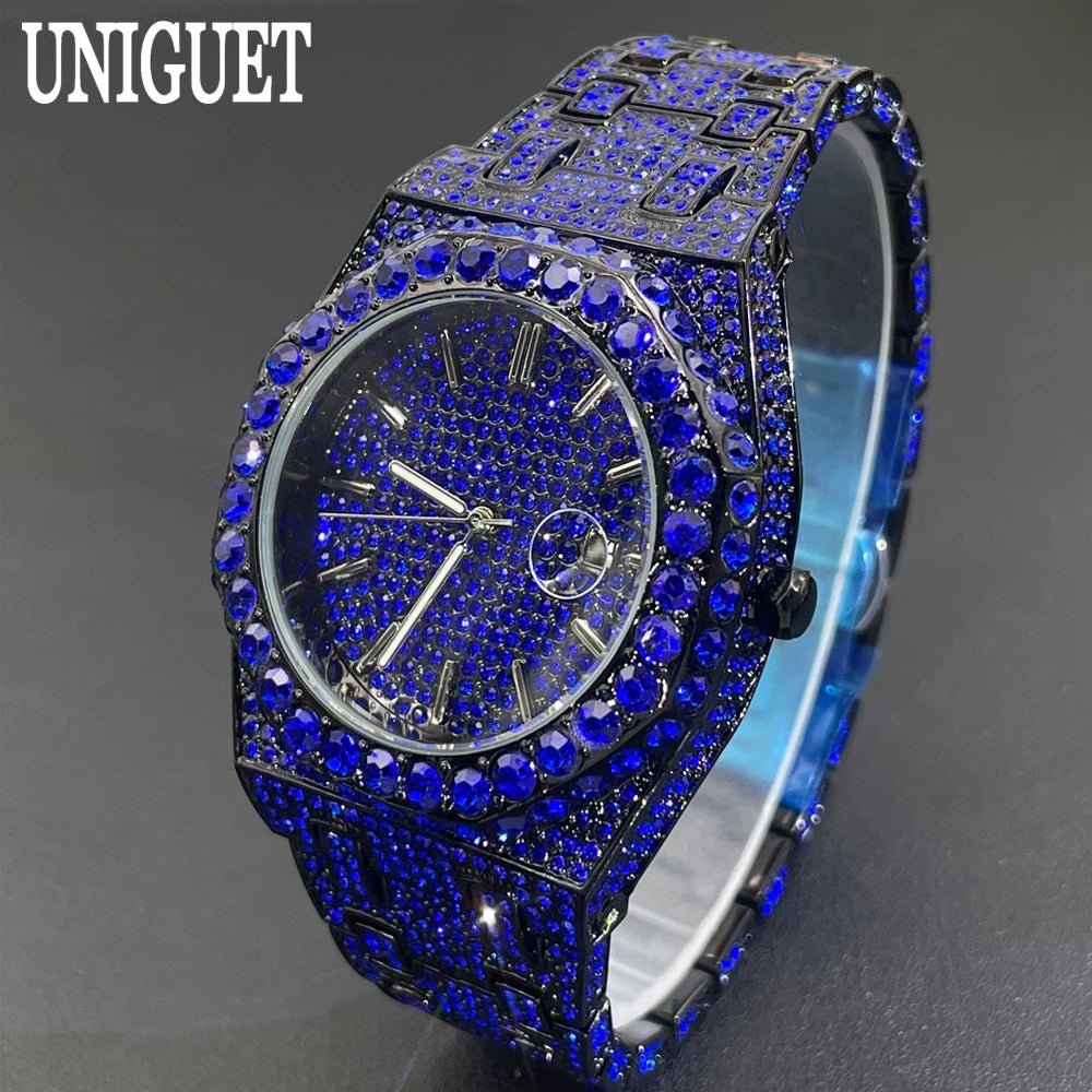 UNIGUET Cool Black Watch For Men Luxury Stainless Steel Quartz Watches Fashion Hip Hop Iced Diamond Wristwatch Man Dropshipping