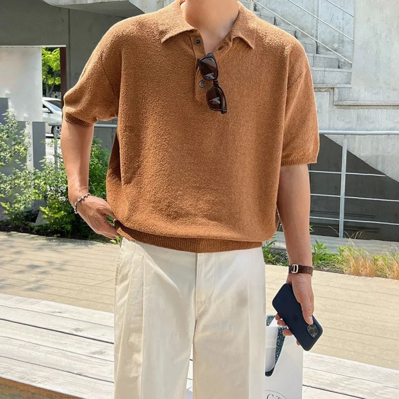 Men's Summer Simplicity Vintage Knitted Polo Shirt, Loose Casual Half Sleeves, Korean Fashion Lapel T-shirt, Short Sleeve