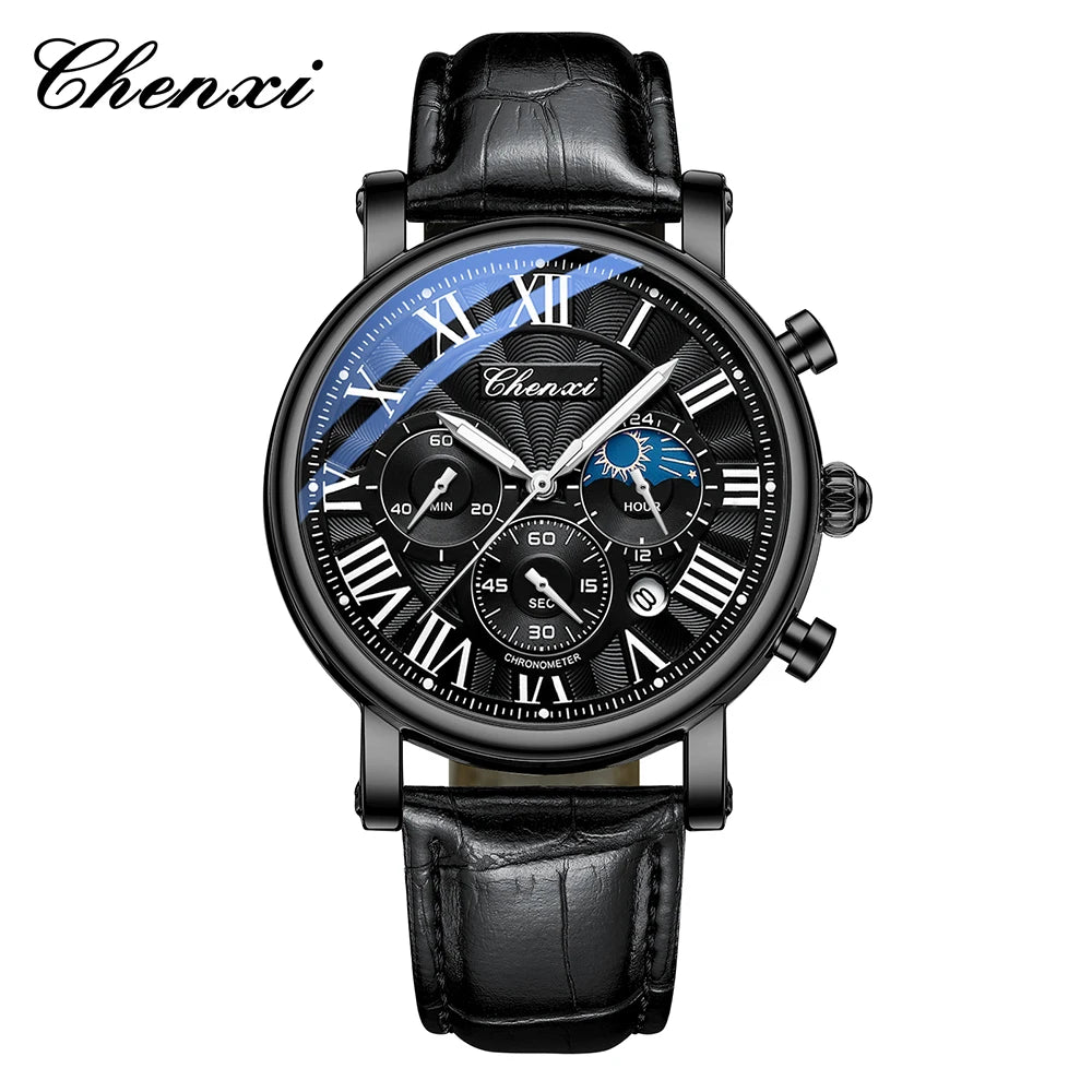 CHENXI Multifunction Men's Watches Business Roman Numerals Leather Strap Quartz Man Watch Chronograph Moon Phase Calendar