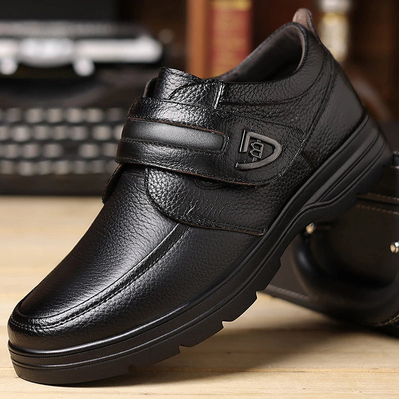 Mens Brown Litchi Grain Genuine Leather Casual Shoes Soft Sole Comfortable Walking Sneakers For Middle Aged Dad And Elderly