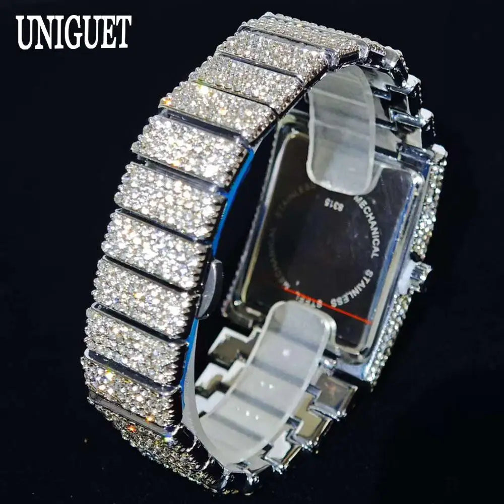 Fashion Rose Watch For Men Luxury Stainless Street Hip Hop Ice Diamond Rectangle Wristwatch Male With Calendar Rlógios Masculino