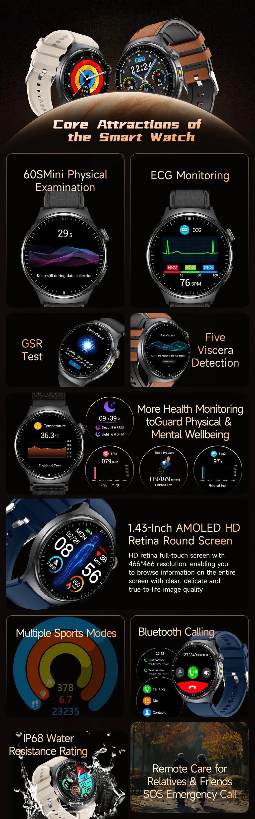 2026 New Accurate Diagnosis ECG Smart Watch Body Fat Blood oxygen BP Health Sport HD AMOLED Screen call Smart watch Men women