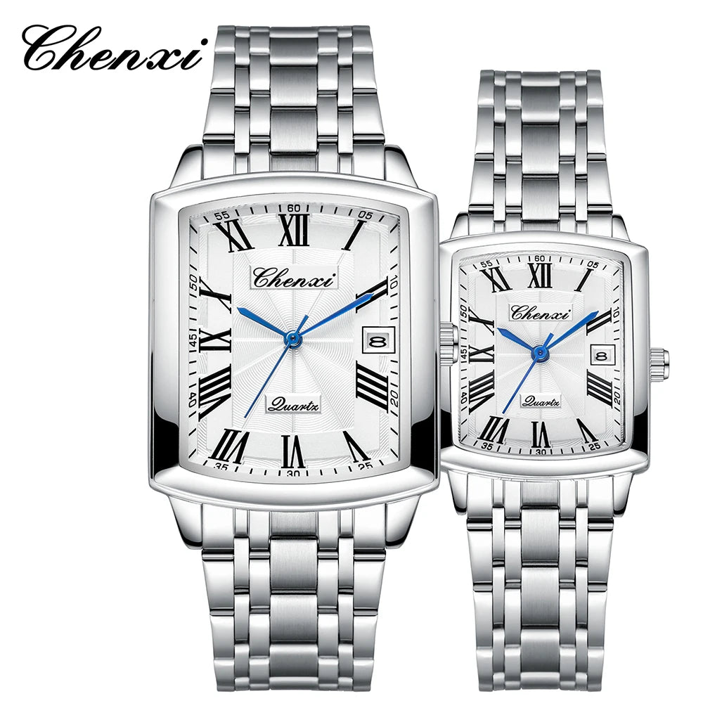 CHENXI Quartz Couple Watches Fashion Casual Rectangle Dial Alloy Man Woman Watch Luminous Calendar Couples Watch
