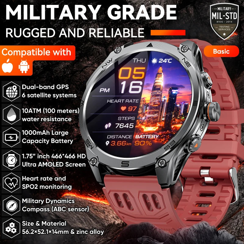 2026New Military Grade 1000mAh Battery GPS Smart Watch 10ATM Waterproof Compass Altimeter Call AMOLED Men Swim Sports Smartwatch