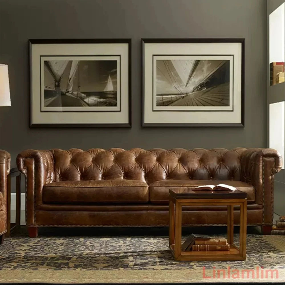 Classic Tufted Couch – Luxury Genuine Leather Chesterfield Sofa 3-Seater with Rolled Arms and Nailhead Trim, for Living Room