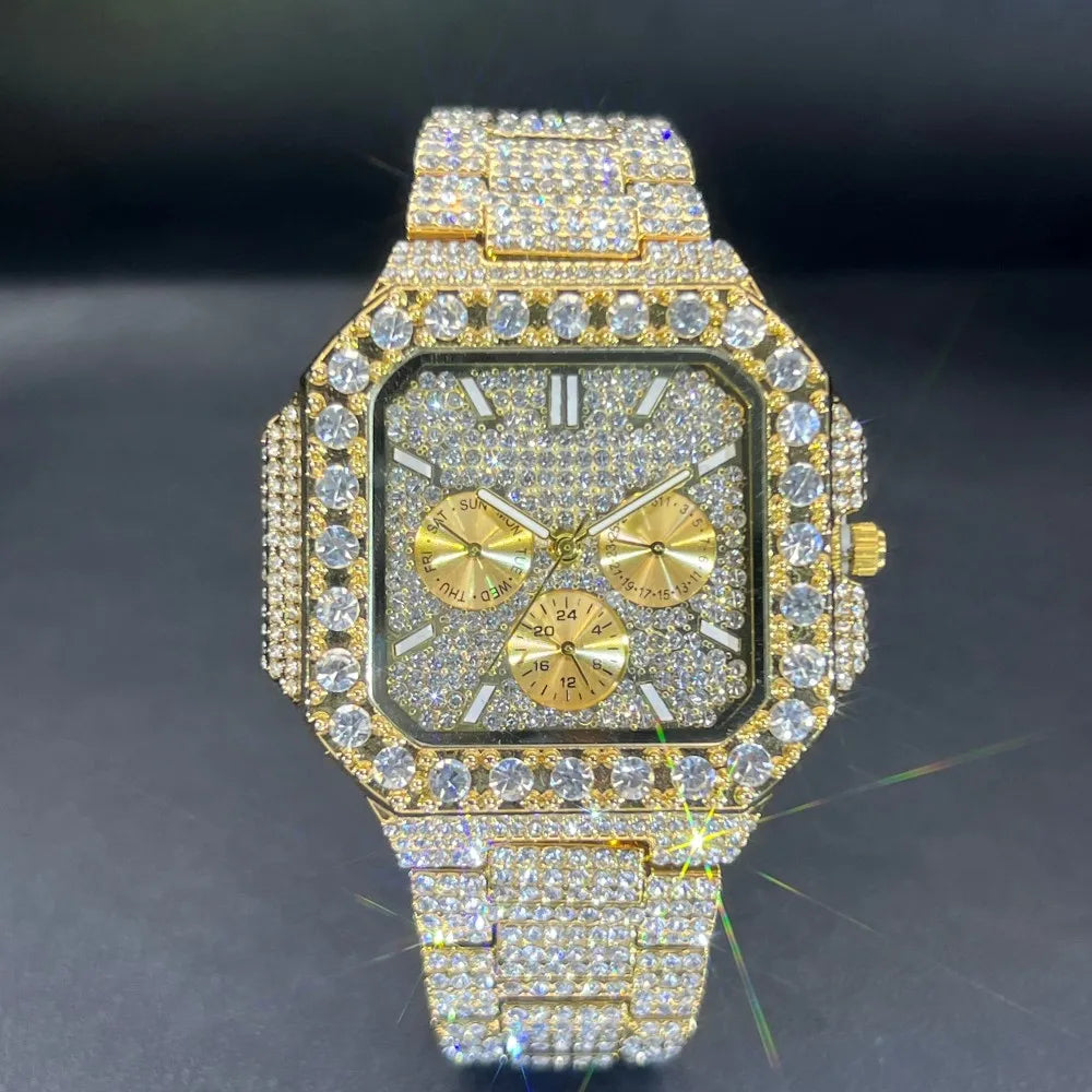 MISSFOX Luxury Diamond Watch for Men Hip Hop Style BlingBling Iced Out Wristwatch Fashion Gold Square Waterproof Clock 2025