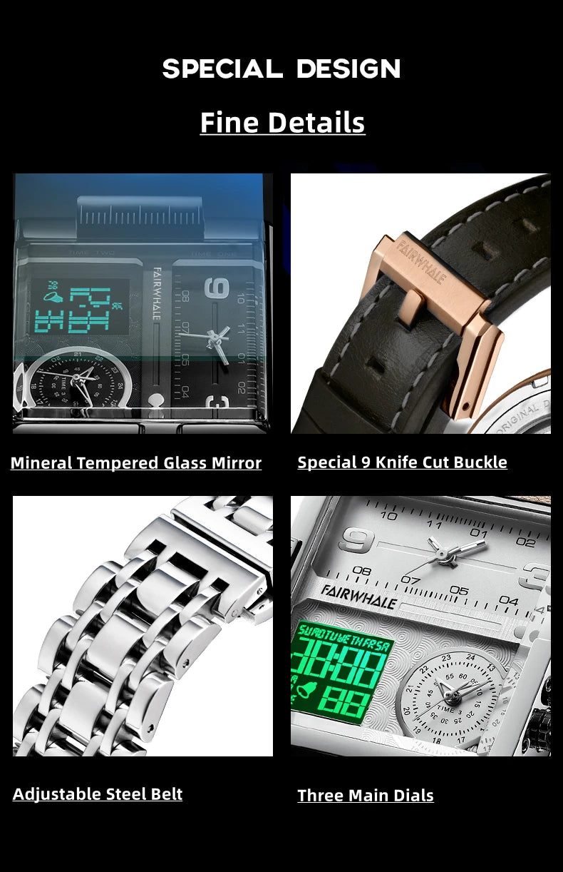 Mark Fairwhale Luxury Quartz Watches Men Fashion Brown Leather Strap Clock Military Waterproof Square Electronic WristWatch Man