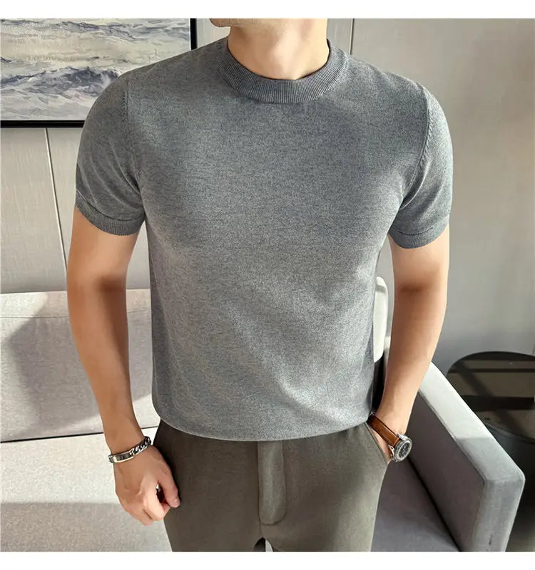 High-quality Men's Short-sleeve Knitted Sweater T-shirt O-Neck Solid Color Men Pullover T Shirts Slim Fit Stretch Undershirt Top