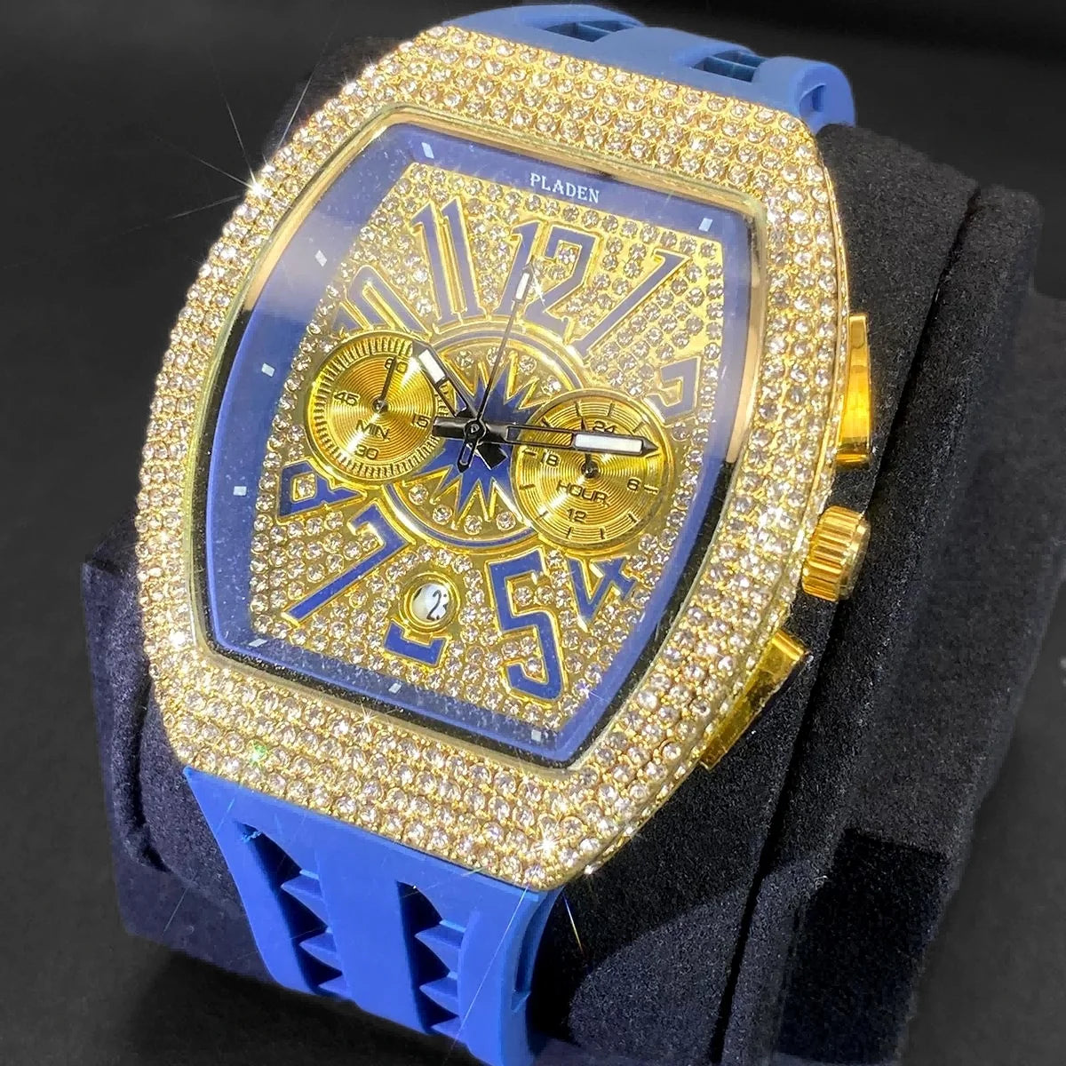 PLADEN Fashion Iced Out Watches Men Casual Blue Silicone Strap Quartz Wristwatch Man's Luxury Diamond Bling Tonneau Clocks 2026