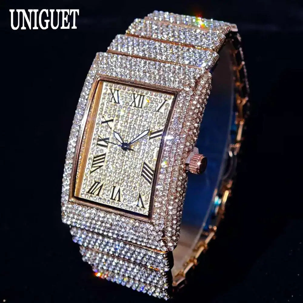 Fashion Rose Watch For Men Luxury Stainless Street Hip Hop Ice Diamond Rectangle Wristwatch Male With Calendar Rlógios Masculino