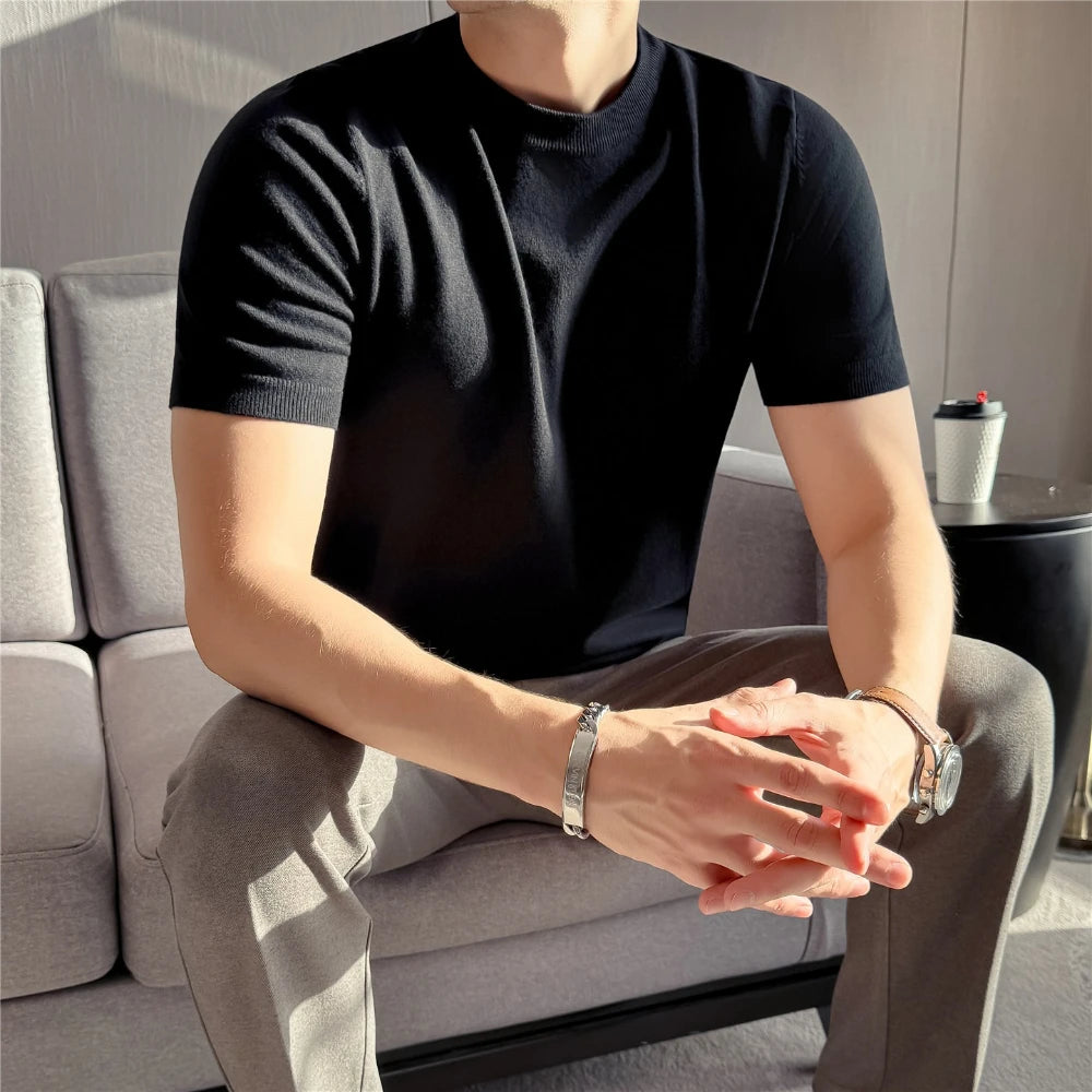High-quality Men's Short-sleeve Knitted Sweater T-shirt O-Neck Solid Color Men Pullover T Shirts Slim Fit Stretch Undershirt Top