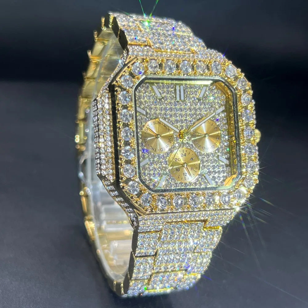 MISSFOX Luxury Diamond Watch for Men Hip Hop Style BlingBling Iced Out Wristwatch Fashion Gold Square Waterproof Clock 2025
