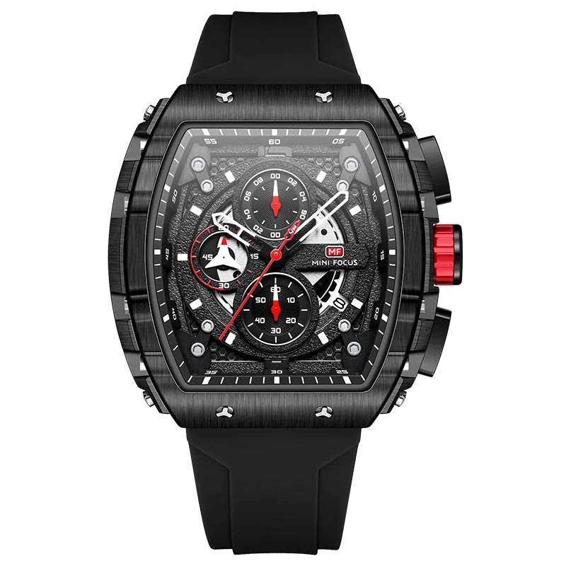 MINI FOCUS Chronograph Quartz Watches for Men Military Sport Silicone Strap Waterproof Wristwatch with Tonneau Dial Auto Date