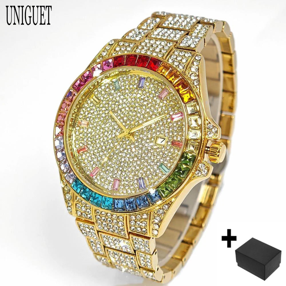 Hot Sell Fashion Gold Watch For Men Brand UNIGUET Hip Hop Rainbow Diamond shiny Jewelry Quartz Wristwatch Male Dropshipping