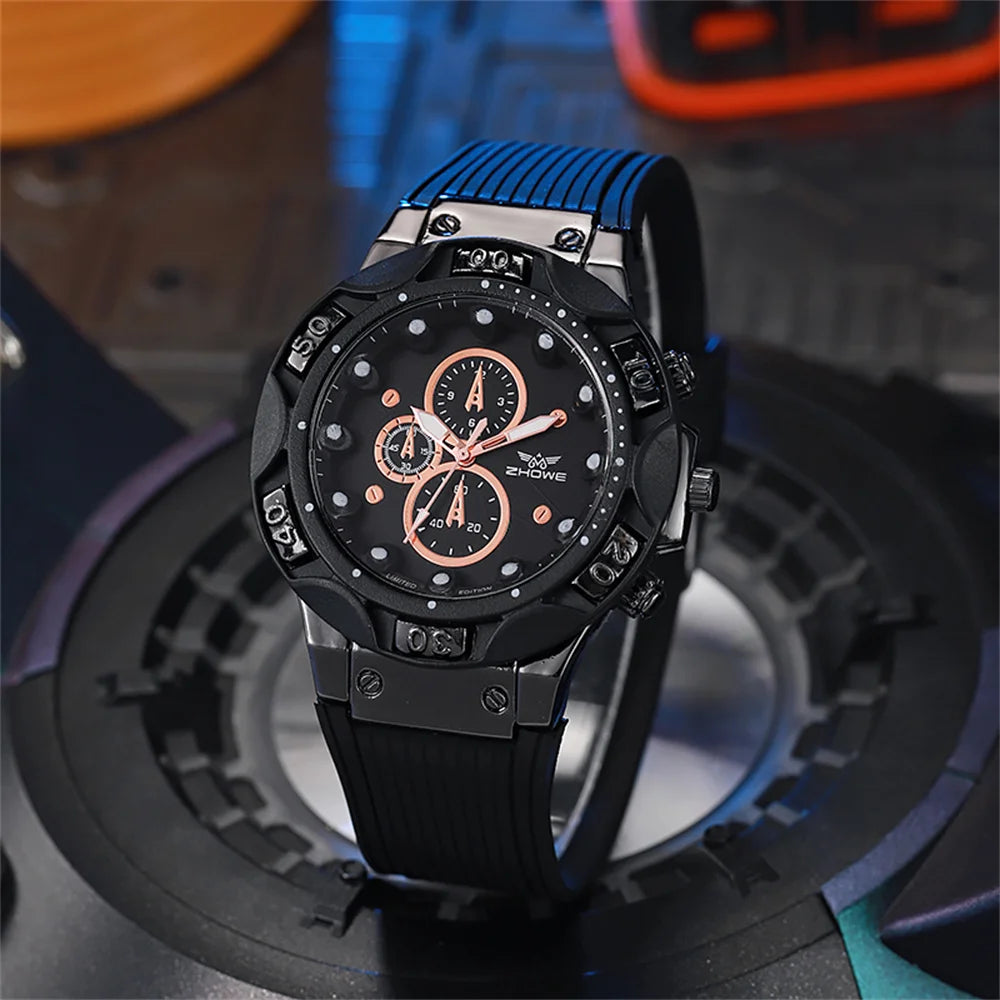 Men's Sports Watches Fashionable 2025 New Triple Bezel Design Quartz Watch Brown Silicone Military Clock Men Watches