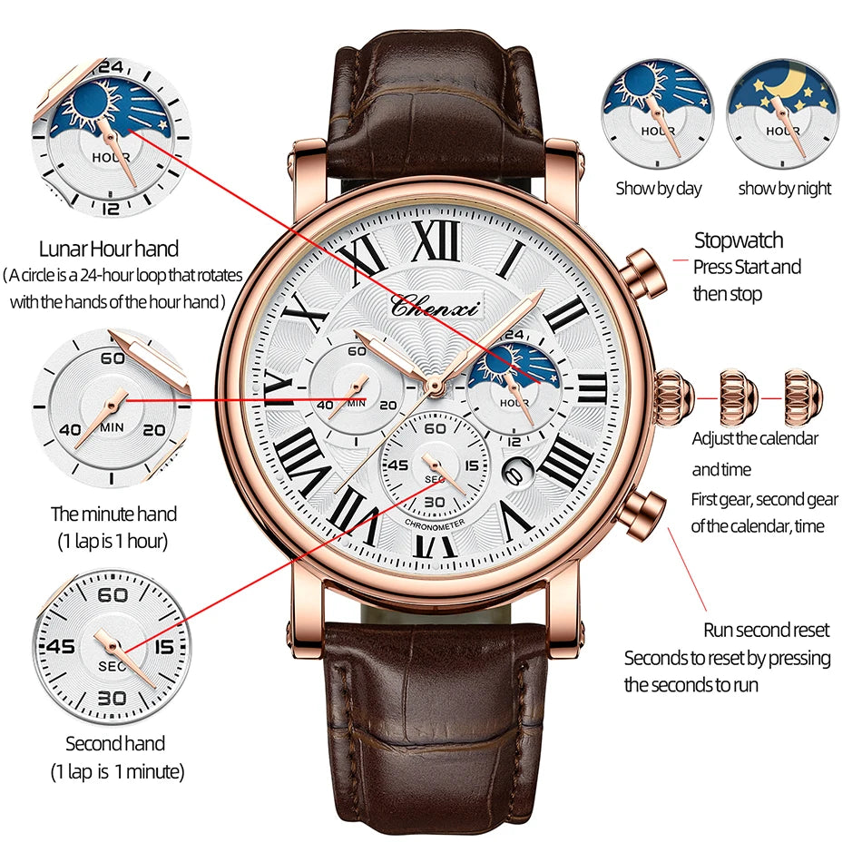 CHENXI Multifunction Men's Watches Business Roman Numerals Leather Strap Quartz Man Watch Chronograph Moon Phase Calendar