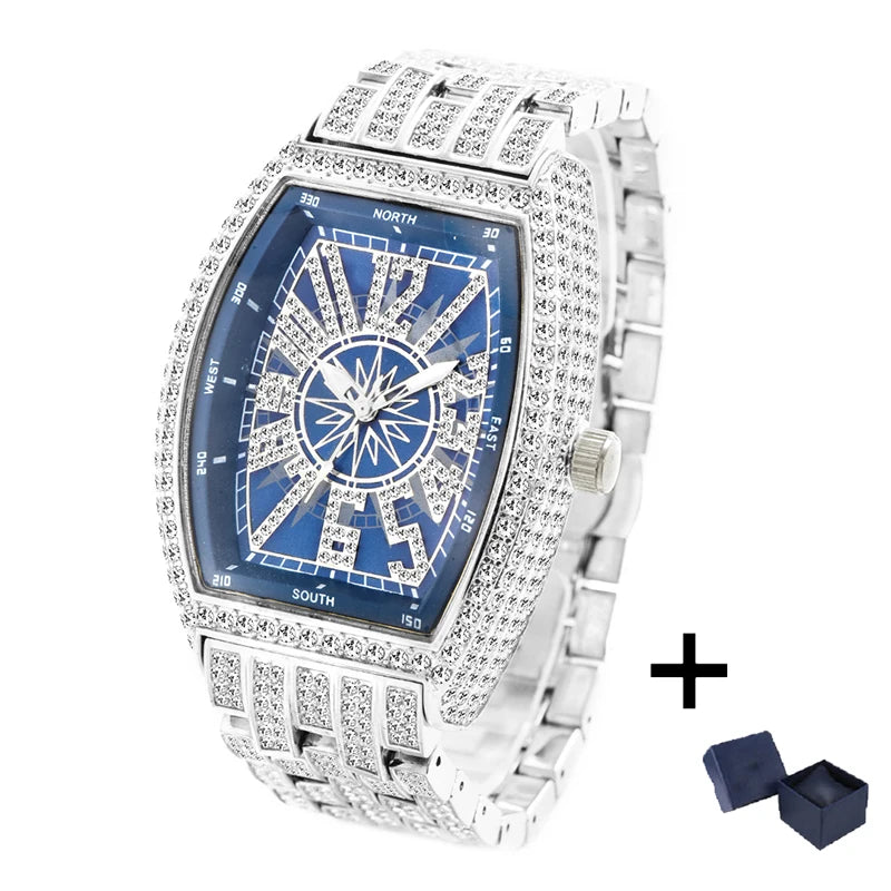 Luxury Gold Watches Men Brand MISSFOX Fashion Hip Hop lce Diamond Sun Pattern Literal Quartz Wristwatch Male Dropshipping Hot