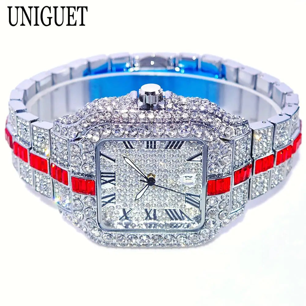Hot Fashion Full Diamond Watch Men UNIGUET Brand Hip Hop Iced Out Bling Jewelry Square Quartz Wristwatch For Man Dropshipping