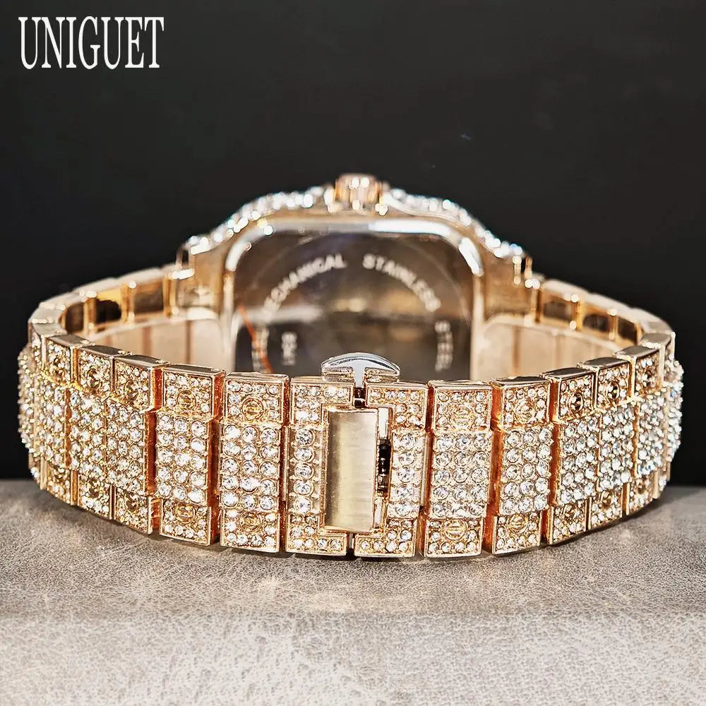 UNIGUET Hot Sale Luxury Iced Watch for Man Fashion Square Watches Men Hip Hop Diamond Bling Jewelry Wristwatch Reloj Hombre