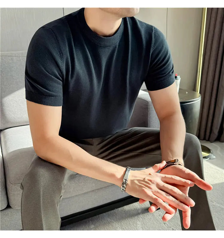 High-quality Men's Short-sleeve Knitted Sweater T-shirt O-Neck Solid Color Men Pullover T Shirts Slim Fit Stretch Undershirt Top