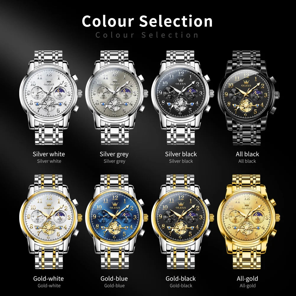 OLEVS 2900 Mens Watch Original Stainless Steel Watches For Men Calendar Moon Phase Quartz Watch Chronograph Freebie Reloj