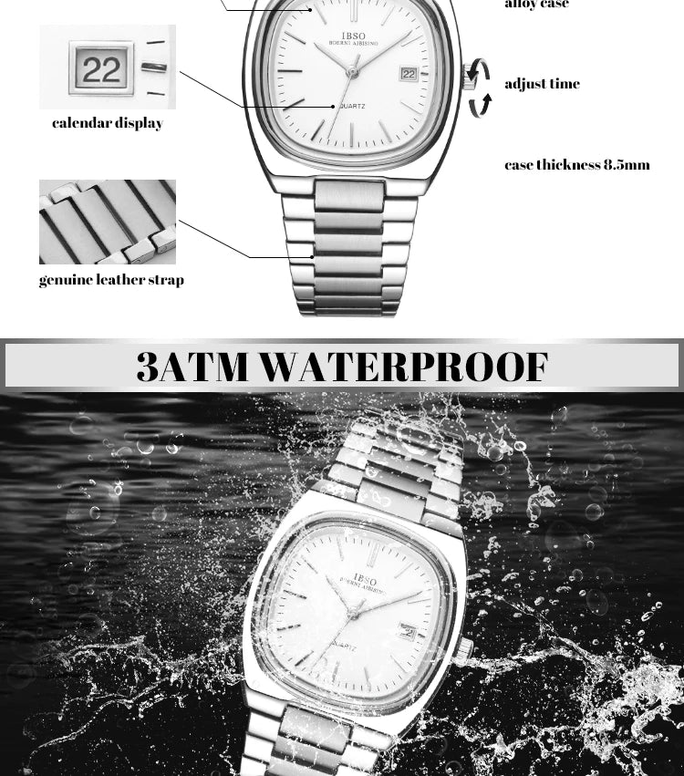 IBSO Luxury Men's Watch 3ATM Hot Selling Wholesale Price Japan Movement Calendar Function Adjustable Stainless Steel Strap