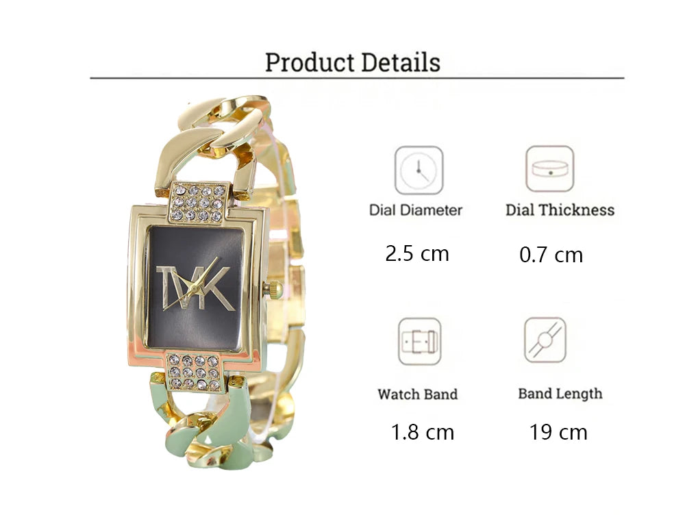 Luxury TVK Brand New Women's Watch Fashionable Temperament Style Metal Strap Square Quartz Women's Watch Clock