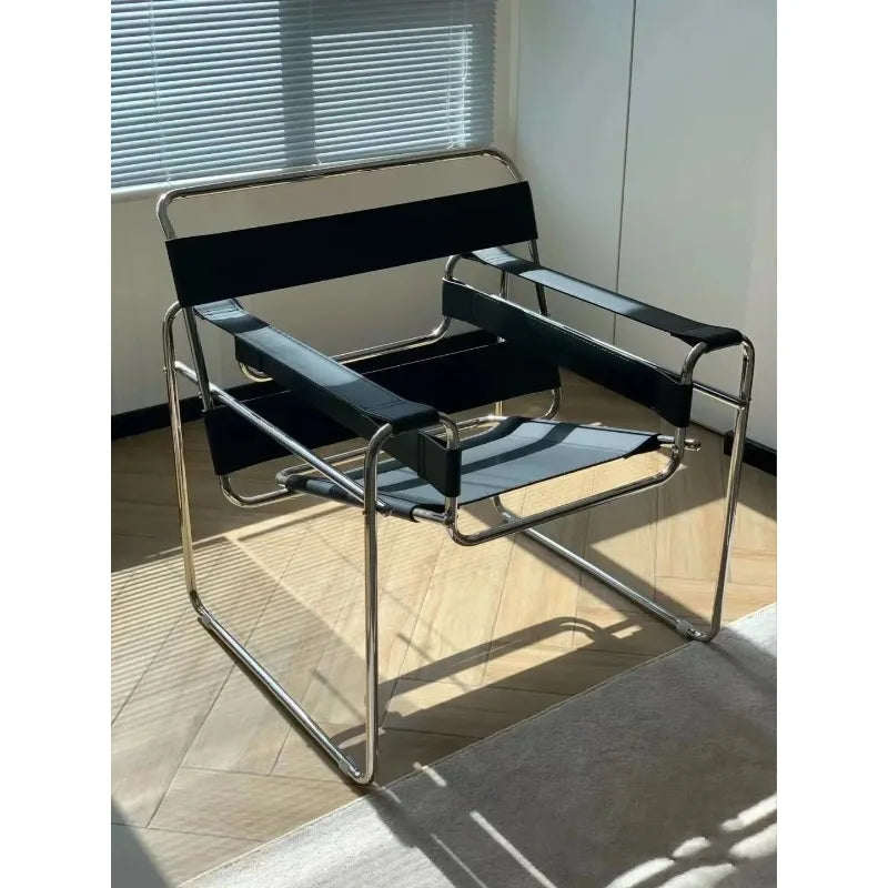 Mid Century Modern Leather Sling Chair Bauhaus Tubular Steel Minimalist Lounge Armchair
