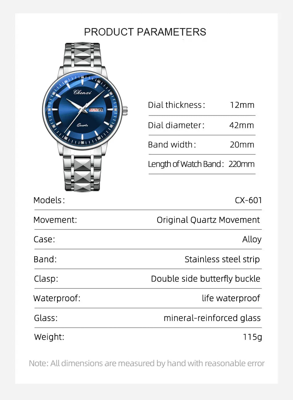 CHENXI Top Brand Fashion Men's Watch Convex Mirror Waterproof Night Light Date Calendar Stainless Steel Strap Quartz Watches NEW