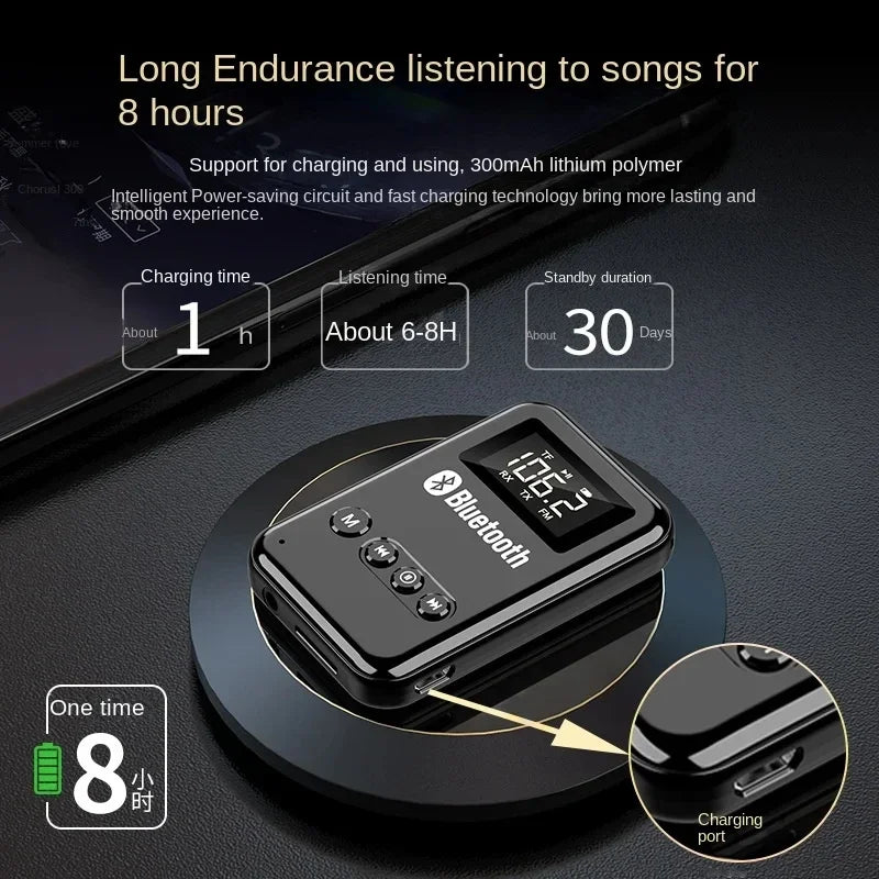 Wireless Audio LED Bluetooth 5.0 Adapter Transmitter Receiver  For Car Music Headphone Speaker, 300mA Battery, Support TF Card