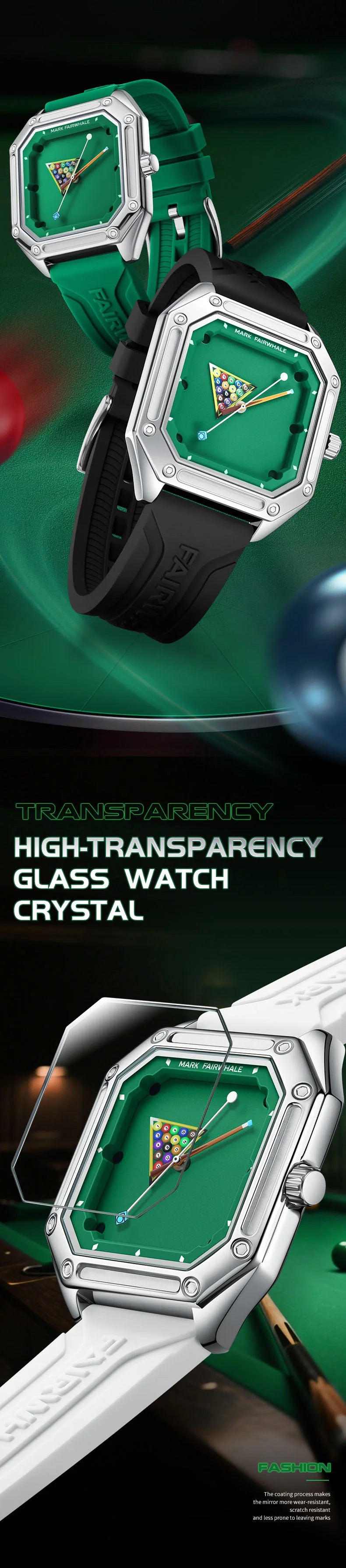 2025 New Original Watch For Man Sport Silicone Strap Waterproof Quartz Watch Fashion Men Billiards Design Green Wristwatch Boy