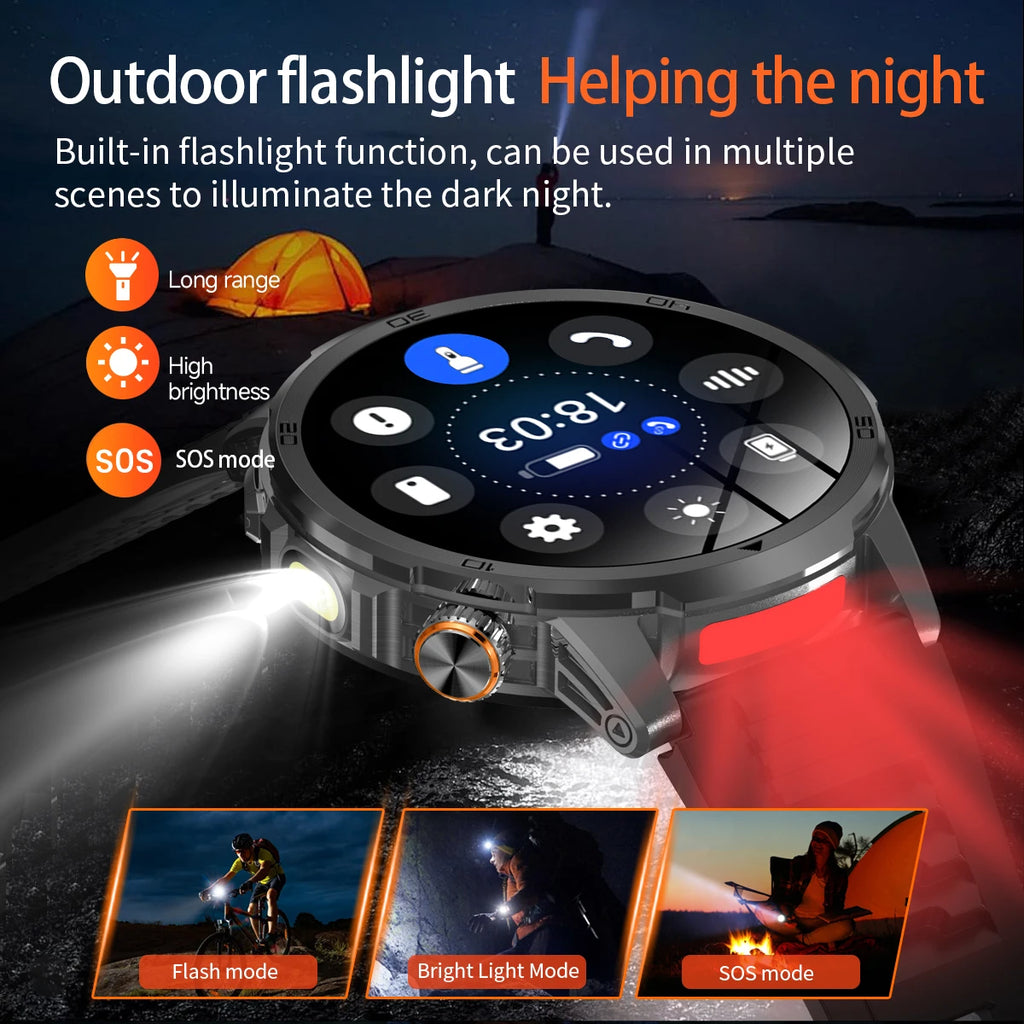 2026 New Outdoor Military Smart Watch For Men 1.85" AMOLED 1000mAh Battery IP69K Swim Flashlight Heart Rate Wireless Call Watchs