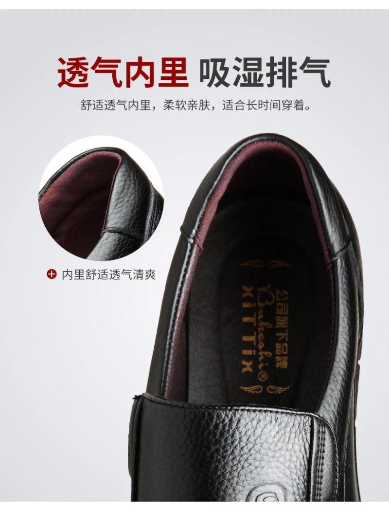 Mens Black Genuine Leather Slip On Loafers Soft Cushioned Sole Comfortable Business Casual Shoes For Middle Aged Dad Daily