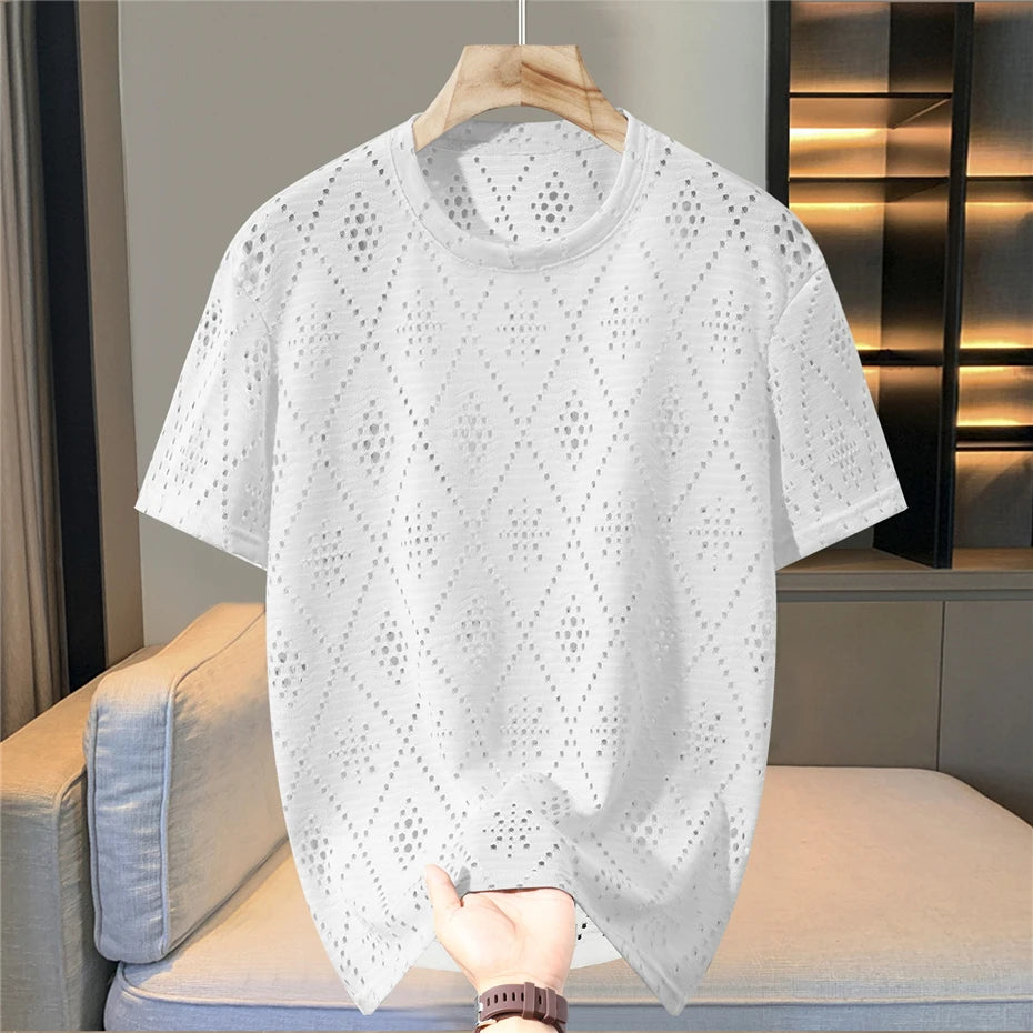 Summer Mesh Hollowed Out T-shirt Men 10XL Plus Size Summer Short Sleeve Tshirt Male Mesh Tops Tees Big Size 10XL