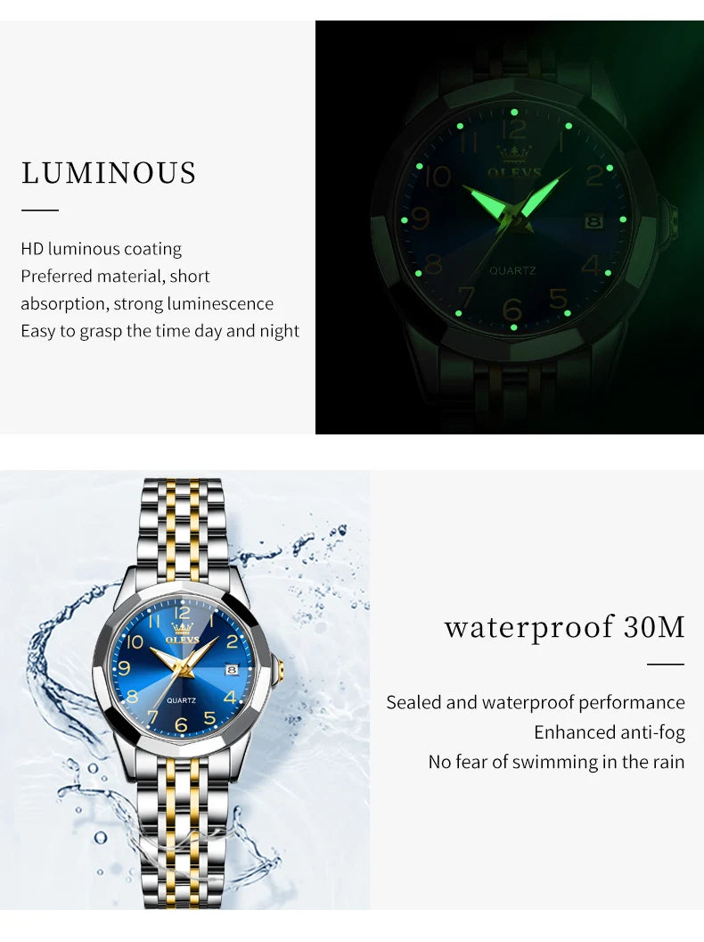 OLEVS 9970 Couple Watch For Men Women Luxury Number Dial Rhombus Mirror Quartz Hand Clock Stainless Steel Original Dress Watches