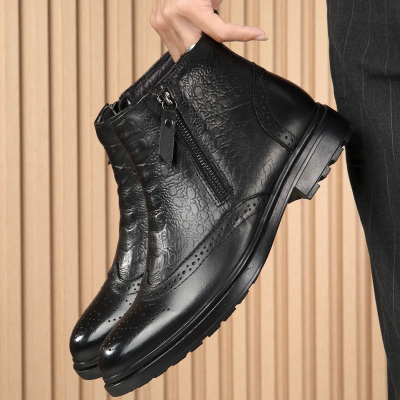 Genuine Leather Men Side Zipper Ankle Boots 2023 Men Winter Plush Snow Boots Fashion Men Casual Low Top Shoes All-match Men Shoe
