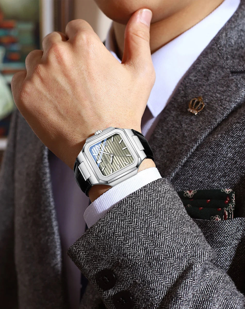 New High Quality Leather Man Watches Business Fashion Date Quartz Luxury Square Watch Men's Waterproof Luminous Clock
