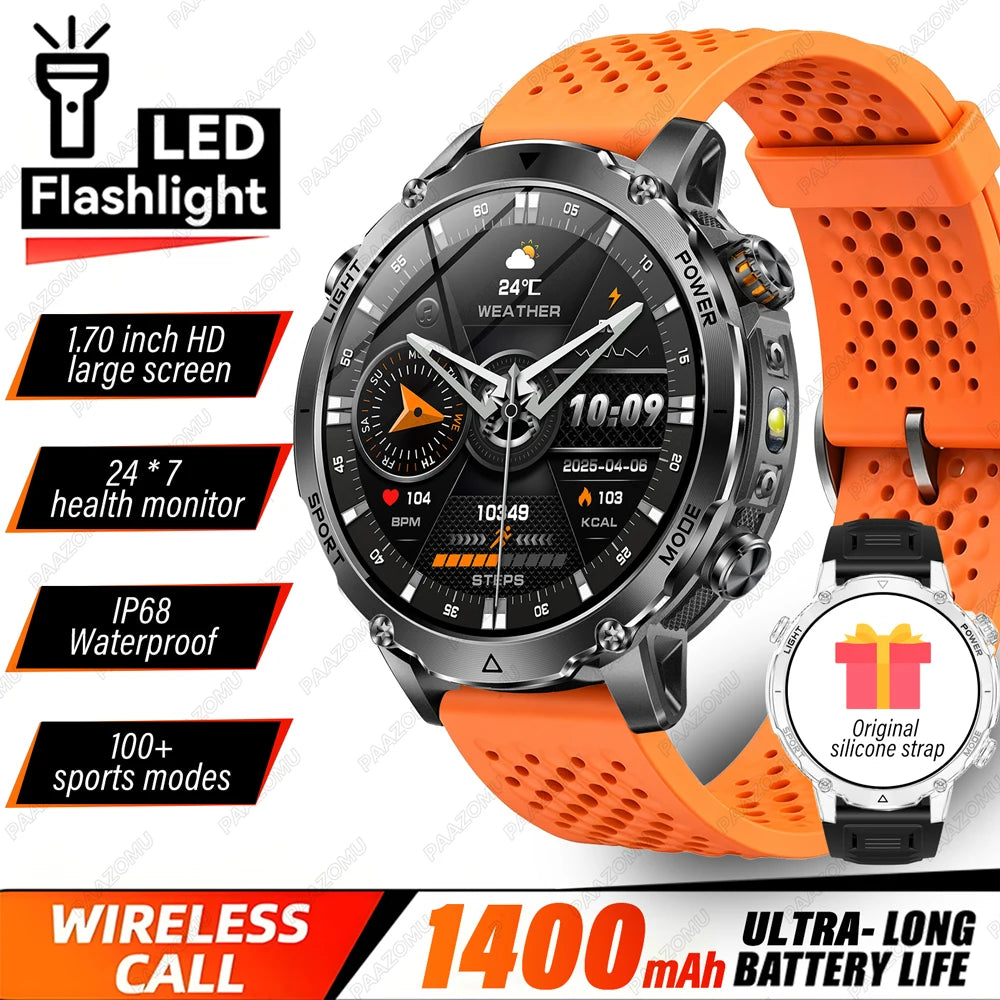 Brand+ Military 1400mAh Battery Smart Watch Men Outdoor Flashlight 10ATM Waterproof Heart Rate Bluetooth Call Sports Bracelets