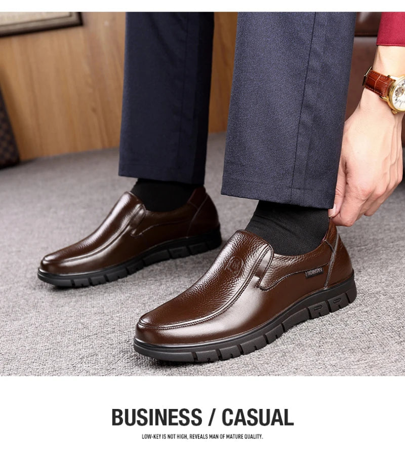 Mens Black Genuine Leather Slip On Loafers Soft Cushioned Sole Comfortable Business Casual Shoes For Middle Aged Dad Daily