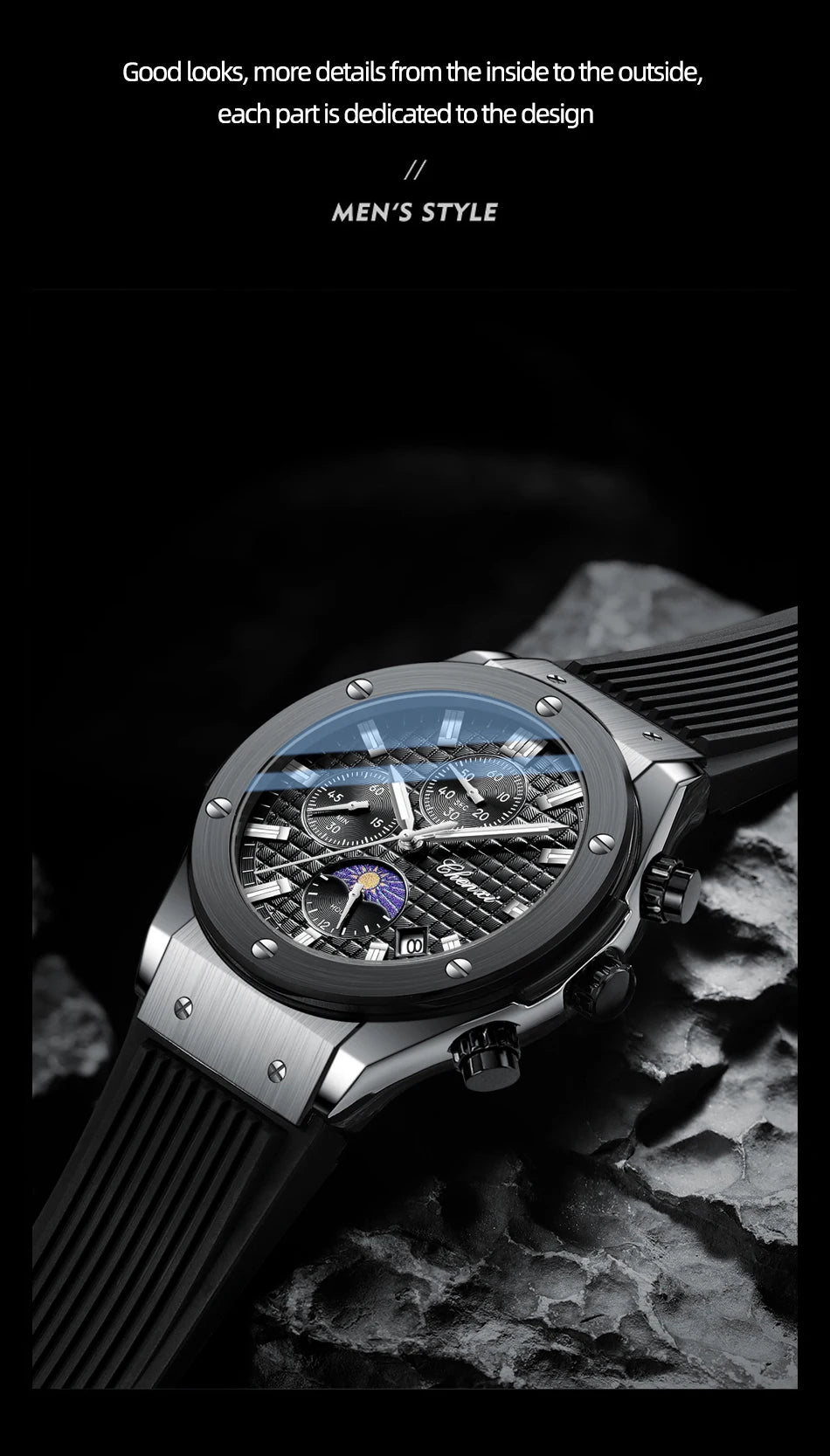CHENXI Original Watch Quartz Waterproof Sports Watches Men Silicone Strap Chronograph Calendar Multi Functional Wristwatches