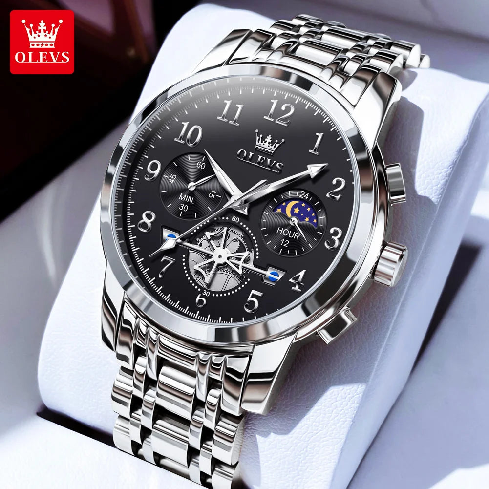 OLEVS 2900 Mens Watch Original Stainless Steel Watches For Men Calendar Moon Phase Quartz Watch Chronograph Freebie Reloj