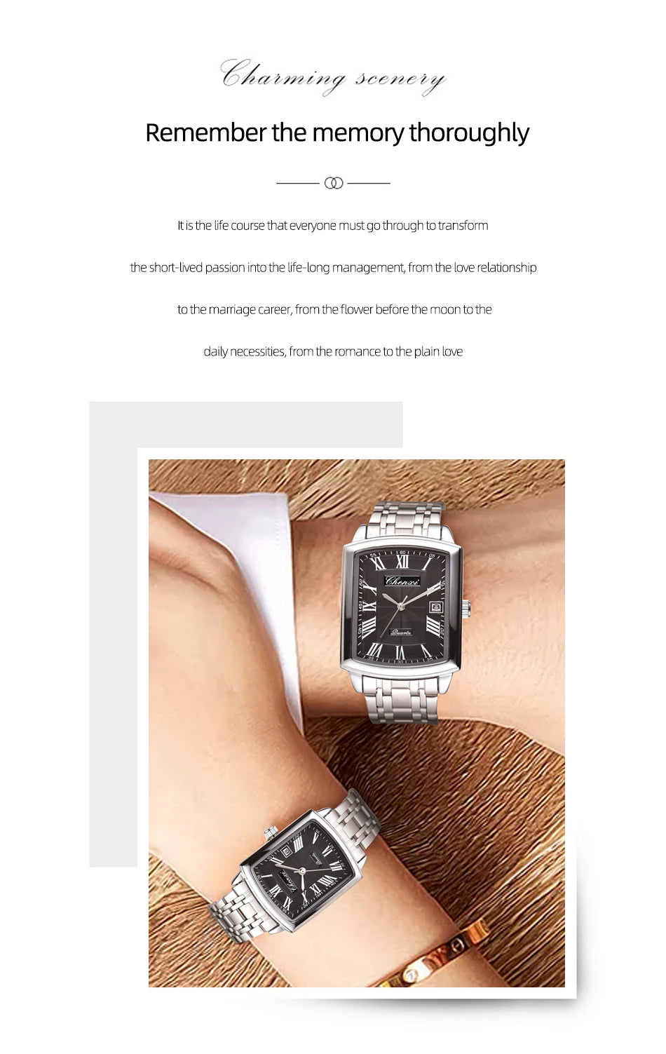 CHENXI Quartz Couple Watches Fashion Casual Rectangle Dial Alloy Man Woman Watch Luminous Calendar Couples Watch