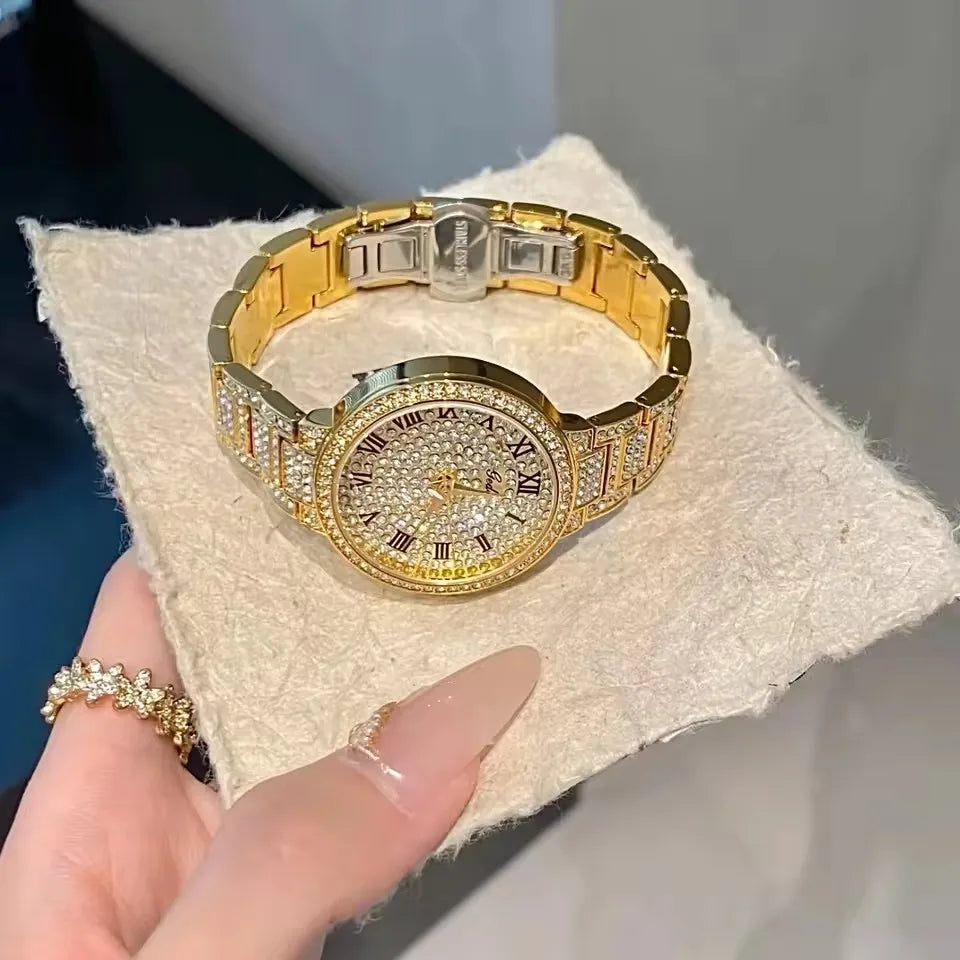 Fashion Luxury Rhinestone Watch Women Sparkling Quartz Timepiece with Stainless Steel Strap Wristwatch Roman Scale Quartz Watch