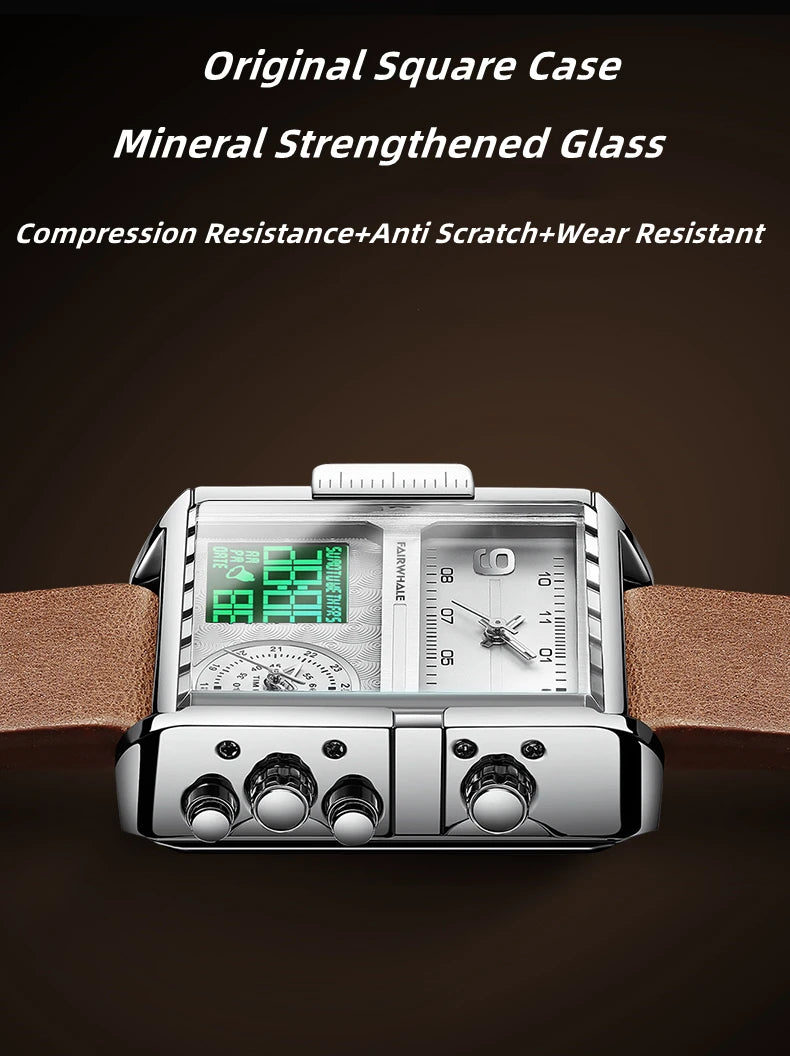 Mark Fairwhale Luxury Quartz Watches Men Fashion Brown Leather Strap Clock Military Waterproof Square Electronic WristWatch Man